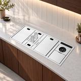 NIX38 silver workstation sink with flush covers closed on a modern kitchen counter