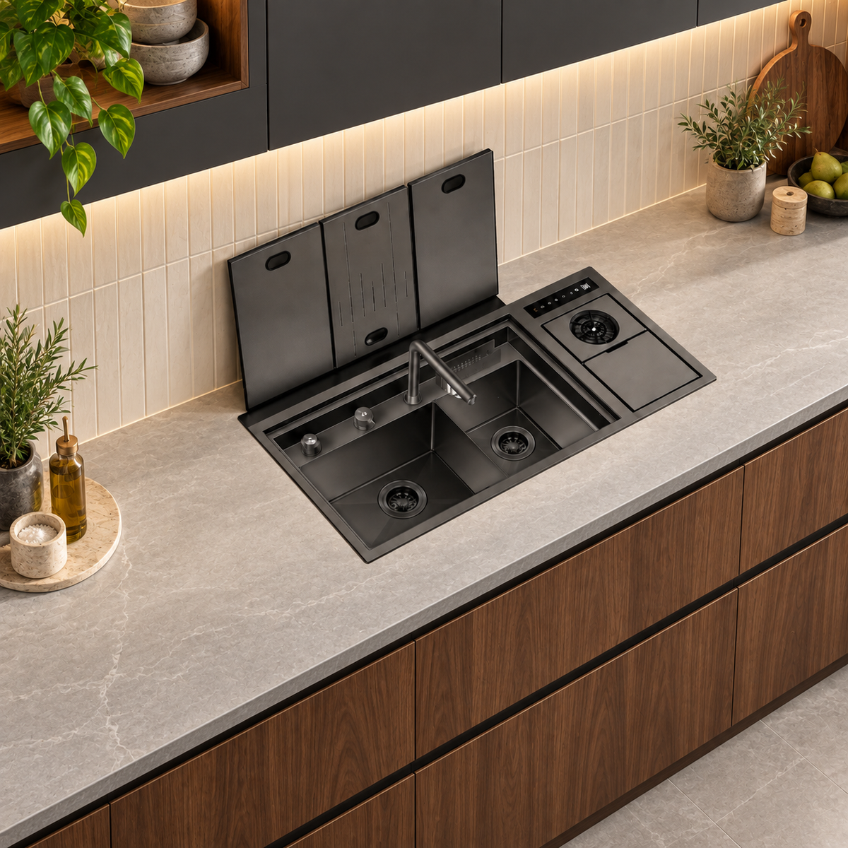 NIX38 gun grey workstation sink with integrated cup rinser and folding covers open