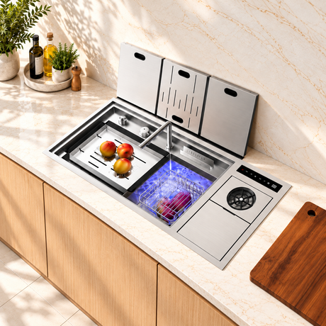 NIX38 silver workstation kitchen sink open in a bright kitchen, with hydro purification basin and cutting board