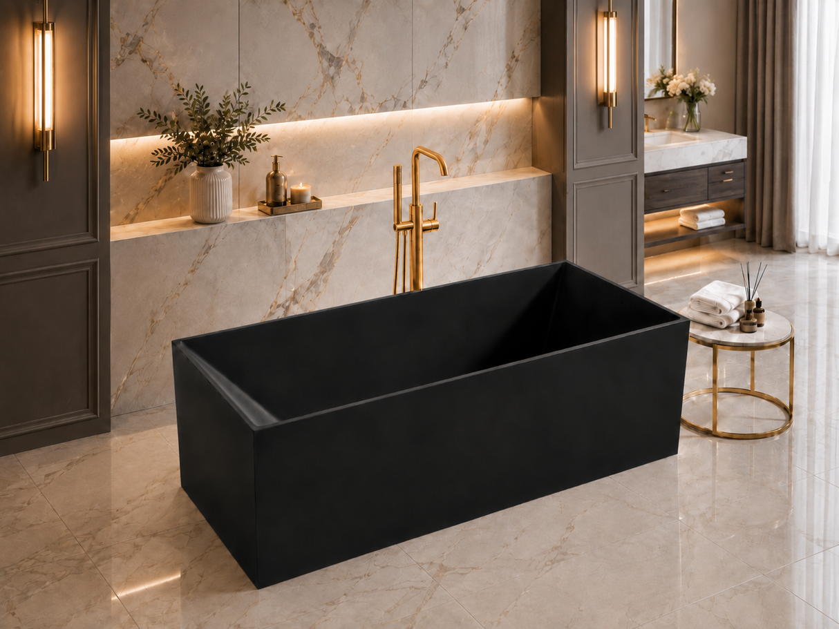 ELARA 70-INCH FREESTANDING RECTANGULAR BATHTUB – LUXURY SOLID SURFACE STONE RESIN SOAKING TUB