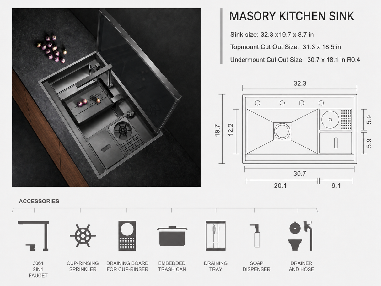 Masory| Complete Luxury Smart Kitchen Sink Stainless Steel Hidden Cup Rinser Sink