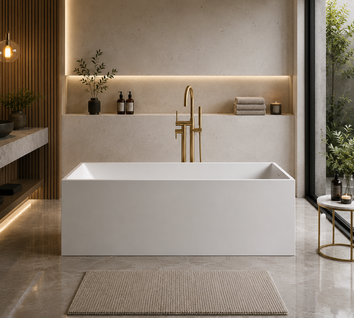 ELARA 70-INCH FREESTANDING RECTANGULAR BATHTUB – LUXURY SOLID SURFACE STONE RESIN SOAKING TUB