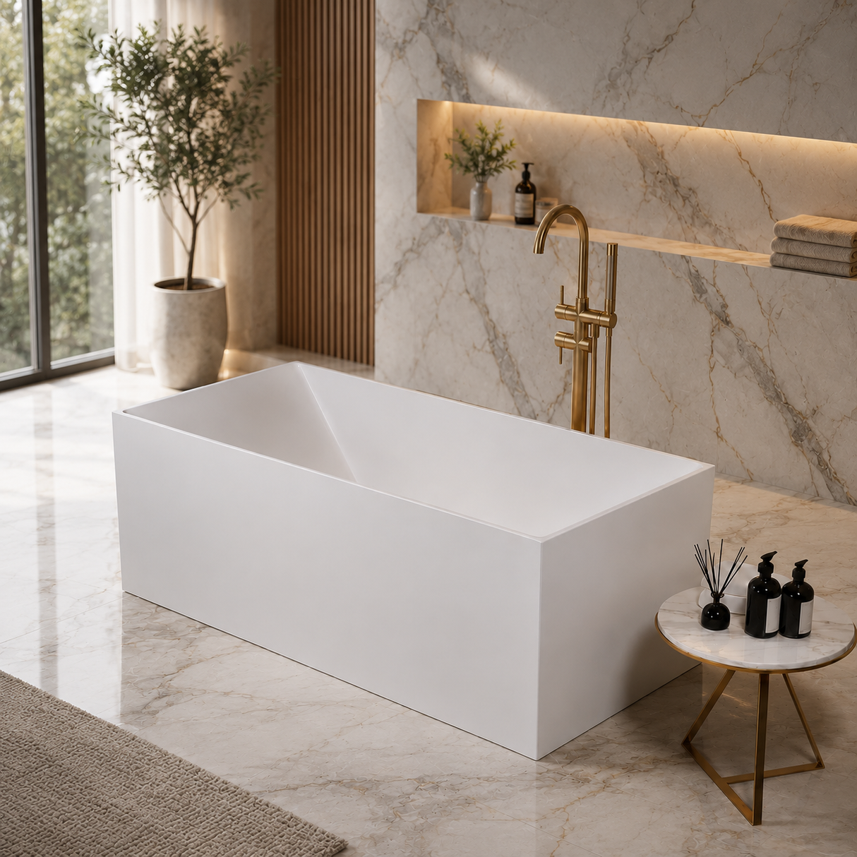 ELARA 70-INCH FREESTANDING RECTANGULAR BATHTUB – LUXURY SOLID SURFACE STONE RESIN SOAKING TUB
