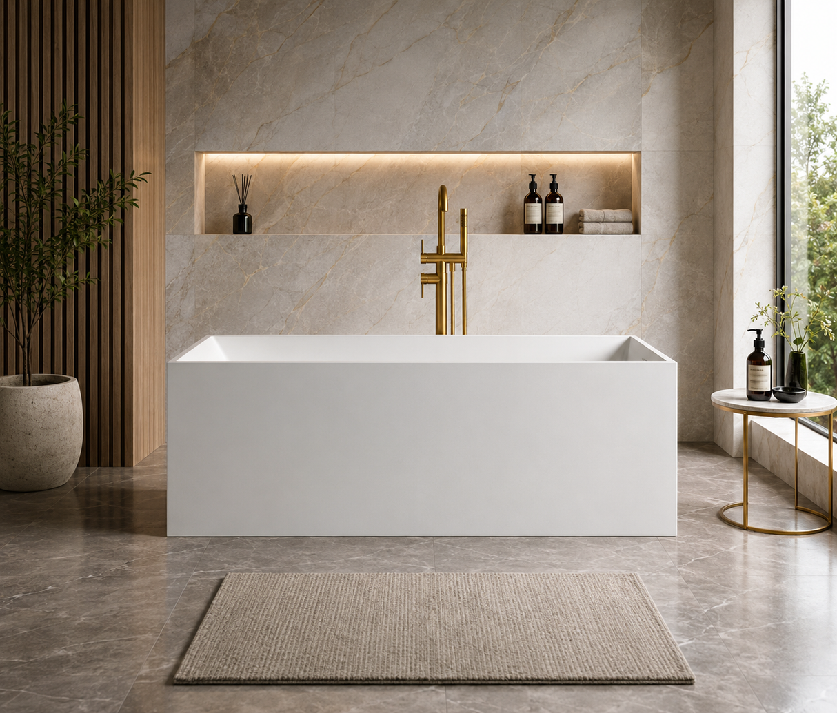 ELARA 70-INCH FREESTANDING RECTANGULAR BATHTUB – LUXURY SOLID SURFACE STONE RESIN SOAKING TUB