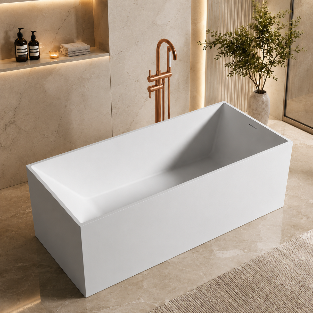ELARA 70-INCH FREESTANDING RECTANGULAR BATHTUB – LUXURY SOLID SURFACE STONE RESIN SOAKING TUB