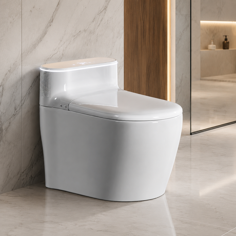 A modern white  toilet with a closed lid, shown in a clean bathroom WITH AIRDRYER AND HEATED SEAT smart toilet 