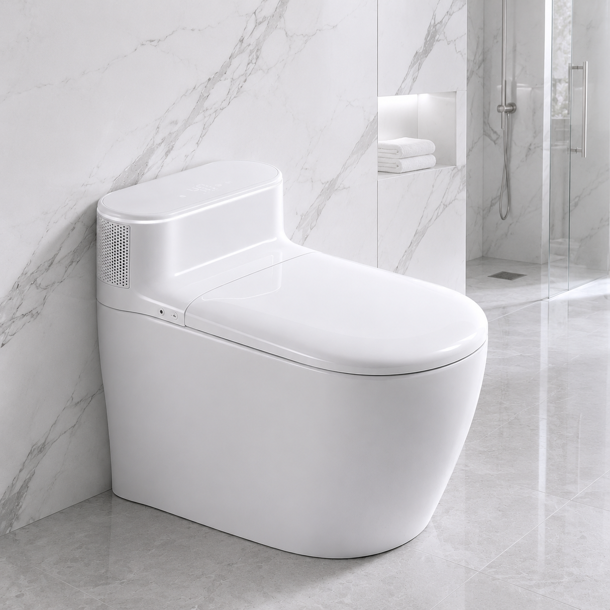 A modern white smart toilet with a closed lid, positioned in a clean bathroom setting with white marble walls and floor, and a glass shower enclosure in the background.