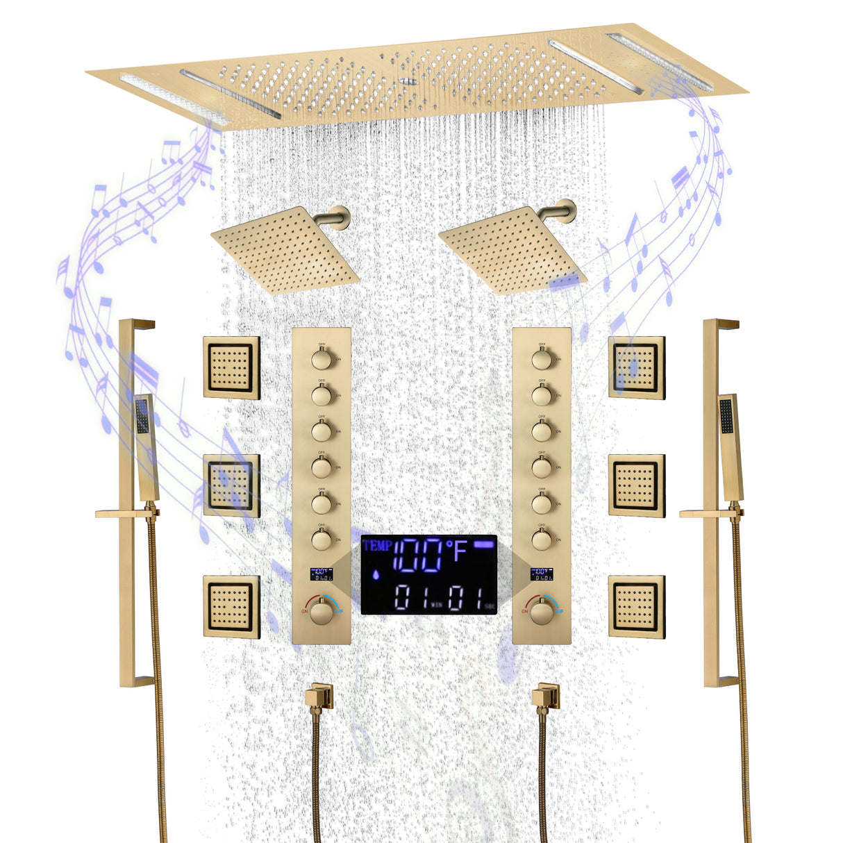 Fuse | 36" In Dual Showerhead Complete Led Music Shower Set 6 Body Jets 2x Wall Mounted Rainfall Showerhead
