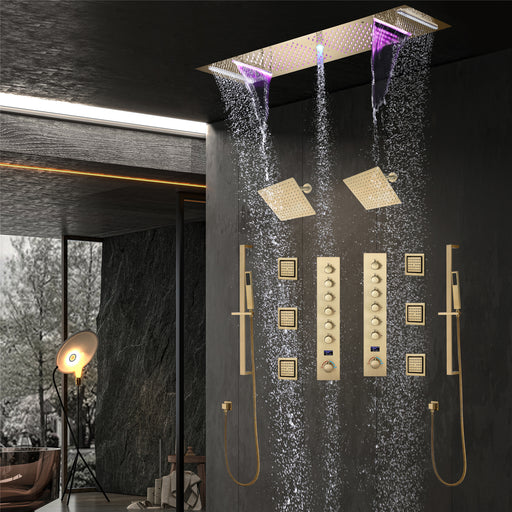 FUSE|36" IN DUAL SHOWERHEAD COMPLETE LED MUSIC SHOWER SET 6 BODY JETS 2x WALL MOUNTED RAINFALL SHOWERHEAD