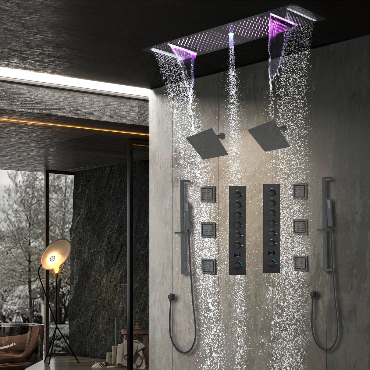 Fuse | 36" In Dual Showerhead Complete Led Music Shower Set 6 Body Jets 2x Wall Mounted Rainfall Showerhead