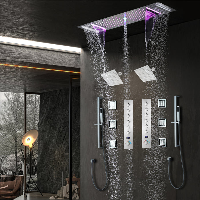 FUSE|36" IN DUAL SHOWERHEAD COMPLETE LED MUSIC SHOWER SET 6 BODY JETS 2x WALL MOUNTED RAINFALL SHOWERHEAD