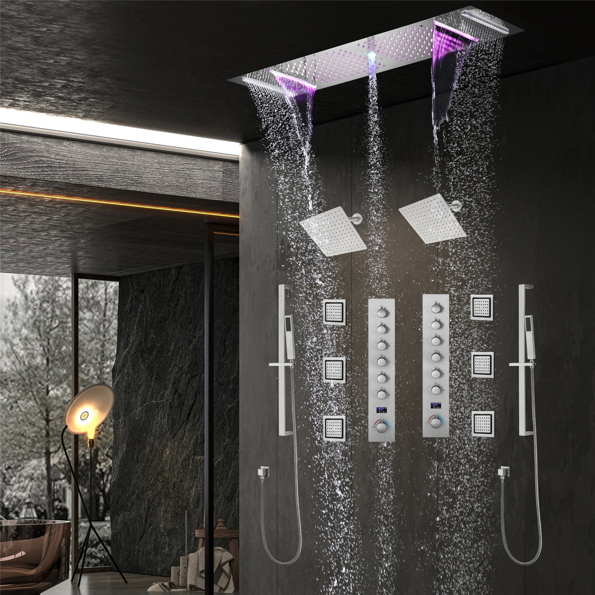 Fuse | 36" In Dual Showerhead Complete Led Music Shower Set 6 Body Jets 2x Wall Mounted Rainfall Showerhead