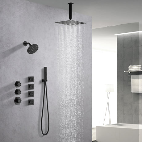 FUSION|COMPLETE CEILING MOUNT RAINFALL SHOWER SYSTEM WITH BODY JETS WALL MOUNT SHOWERHEAD