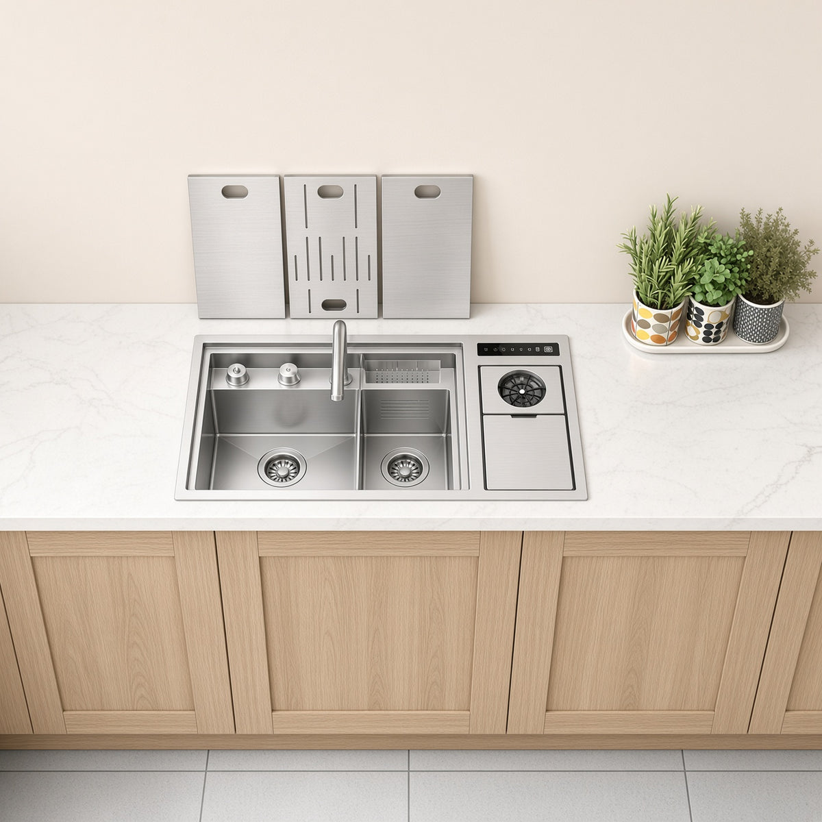 NIX38 silver workstation kitchen sink with double basins and cup rinser on a light wood cabinet