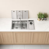 NIX38 silver workstation kitchen sink with double basins and cup rinser on a light wood cabinet