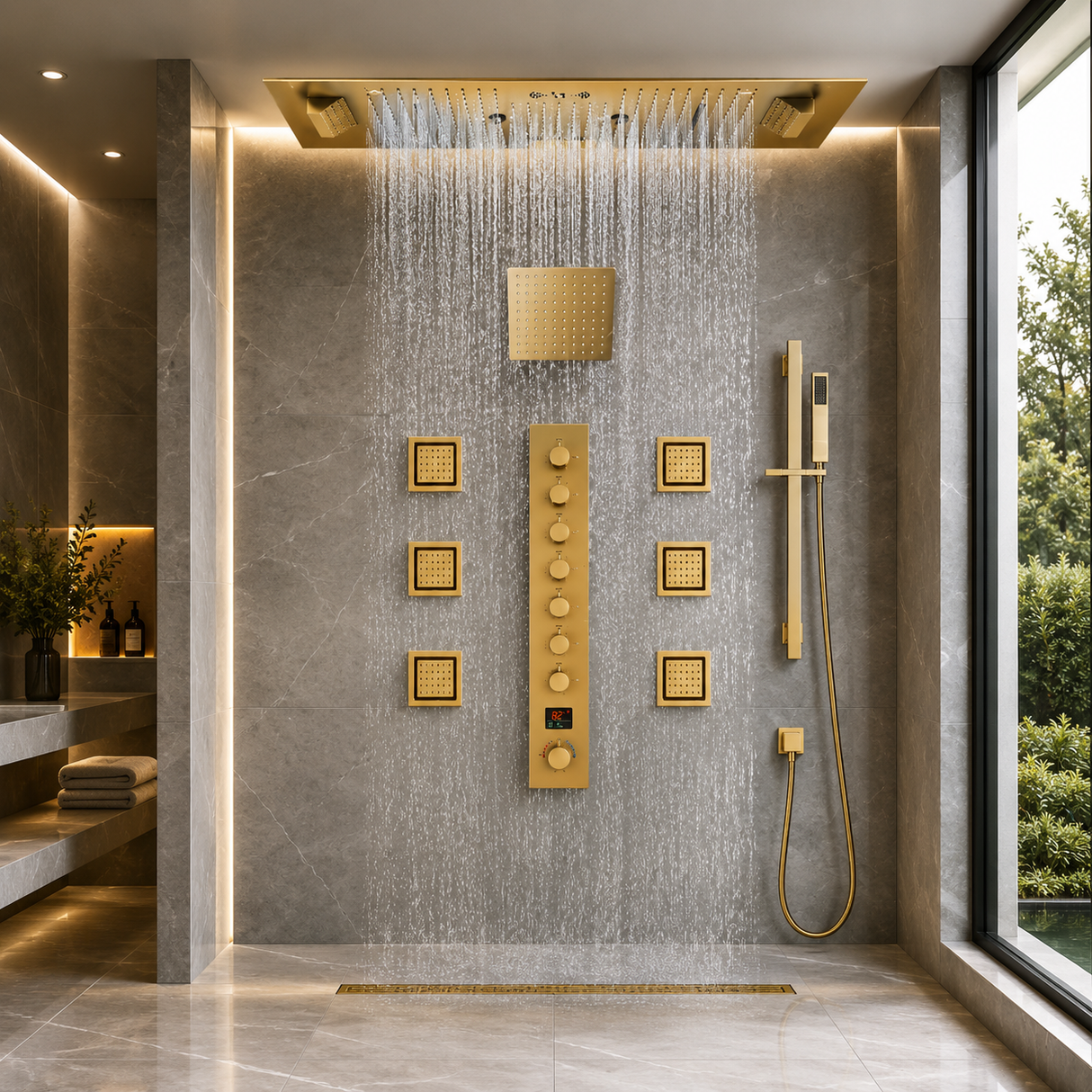 IVEY 36" X 16" SMART LED MUSIC SHOWER SYSTEM  RAINFALL, WATERFALL, BODY JETS, HANDHELD SHOWER & WALL-MOUNT SHOWER HEAD