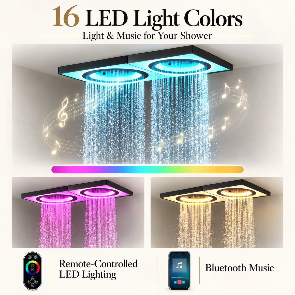 ART | 47" Ceiling Mount Rainfall Waterfall Shower System with LED & Music