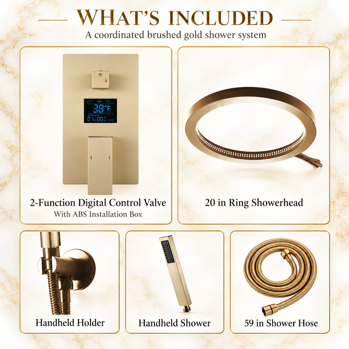 MARASI|20" COMPLETE LUXURY SHOWER SYSTEM RAINFALL SHOWER SYSTEM