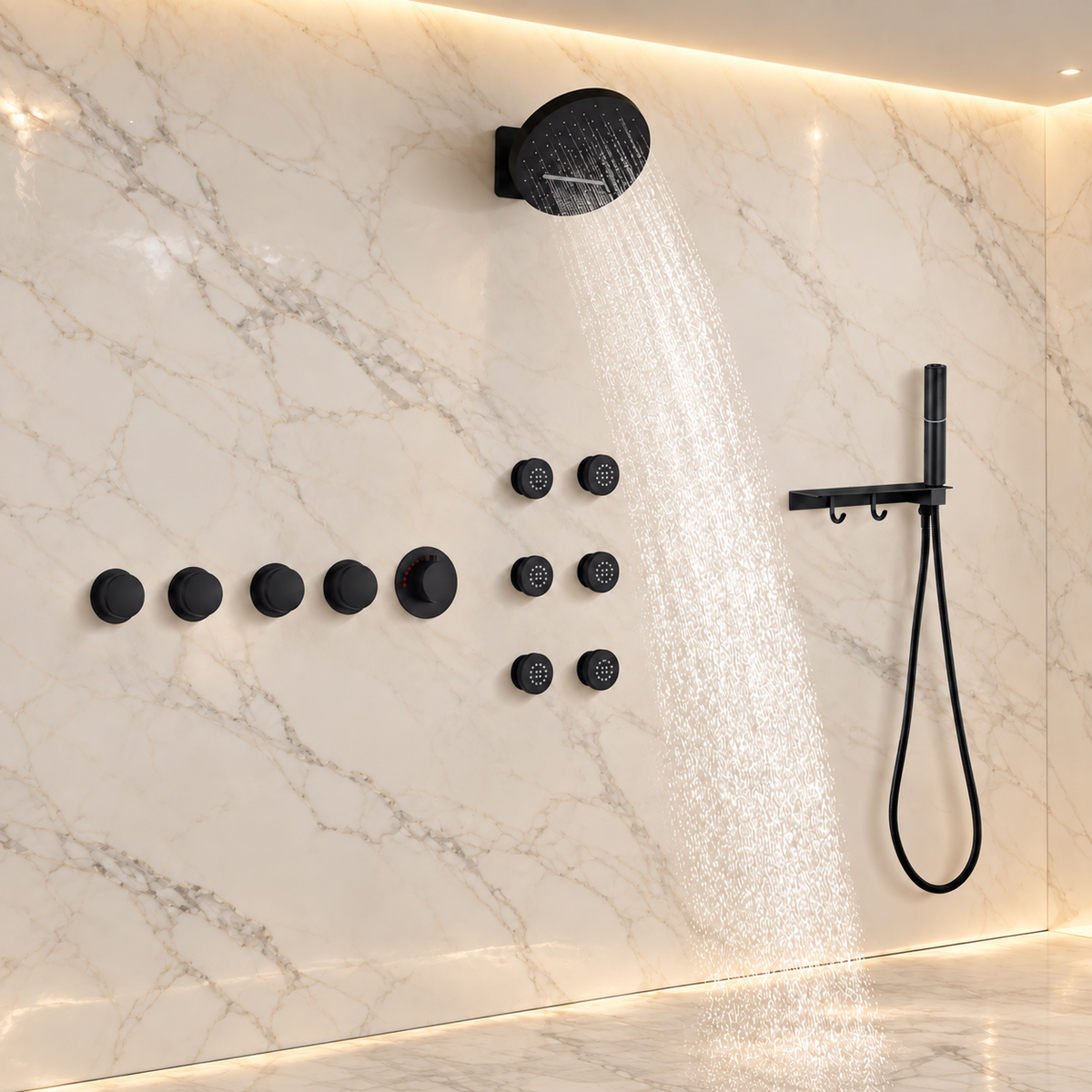 SOLARA| RAINFALL WATERFALL COMPLETE THERMOSTATIC SHOWER SYSTEM WITH 6 BODY JETS
