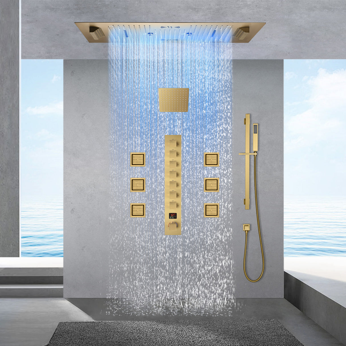 SAFARI|36"X 16" COMPLETE LUXURY LED MUSIC SHOWER SYSTEM DIGITAL DISPLAY THERMOSTATIC VALVE