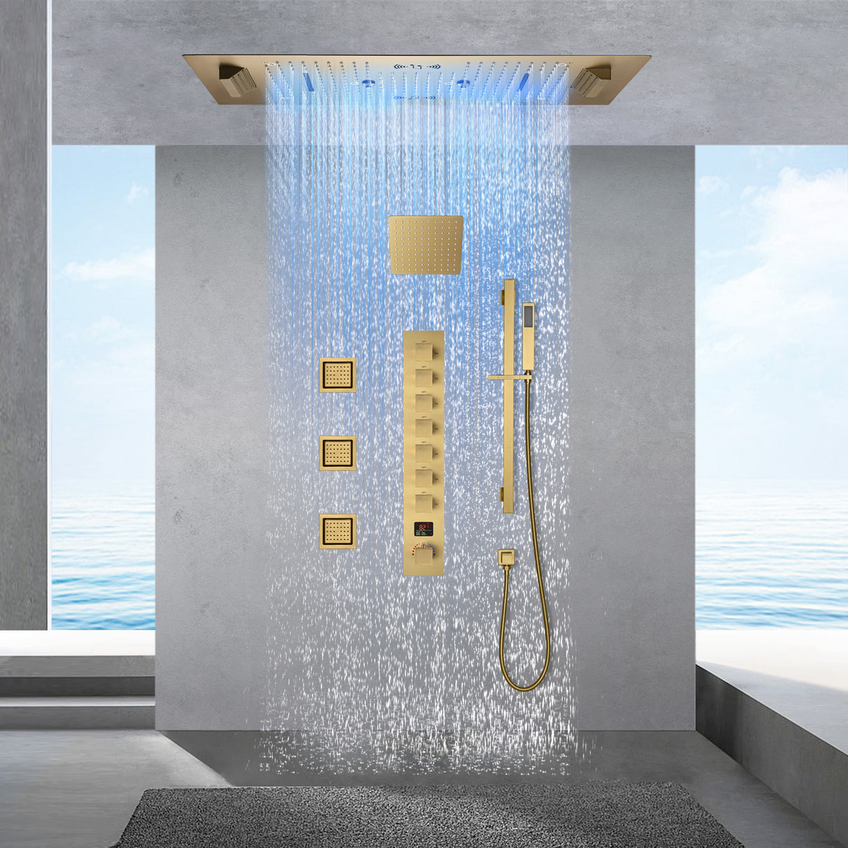 SAFARI|36"X 16" COMPLETE LUXURY LED MUSIC SHOWER SYSTEM DIGITAL DISPLAY THERMOSTATIC VALVE