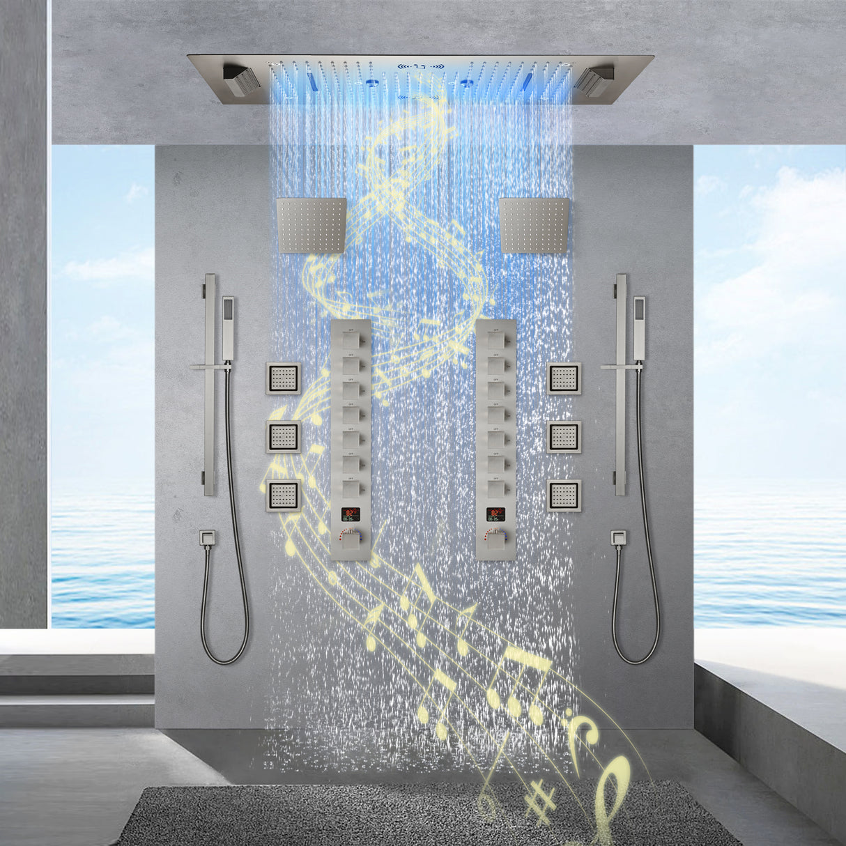 Alamere|36"X 16" In Dual Showerhead 7 Functions Complete Led Music Shower System 6 Body Jets 2x Wall Mounted Rainfall Showerhead