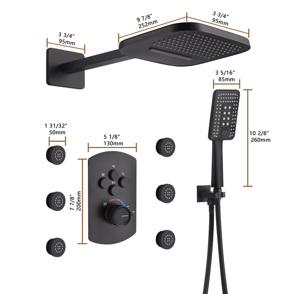 AREZO Rainfall Waterfall Shower System with Hand Shower & 6 Body Sprays