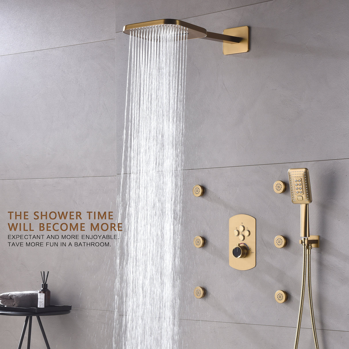 AREZO Rainfall Waterfall Shower System with Hand Shower & 6 Body Sprays