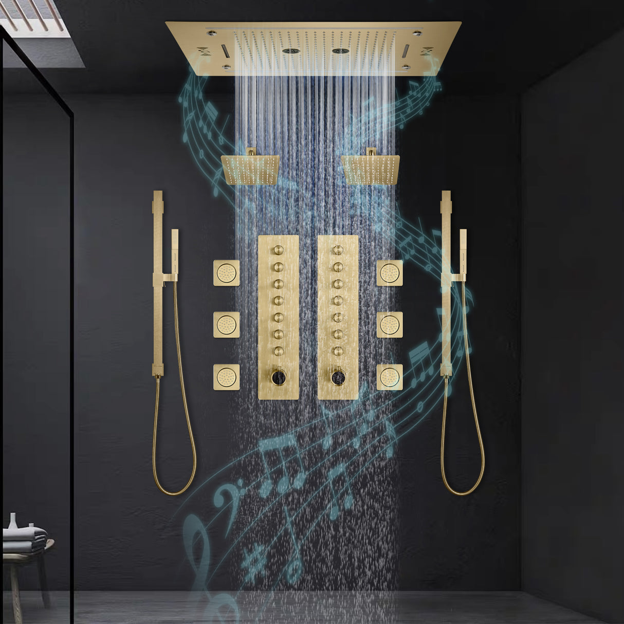 PALMA|32" COMPLETE LUXURY LED MUSIC SHOWER SYSTEM RAINFALL WATERFALL MIST SPRAY DUAL SHOWERHEAD AND BODY JETS