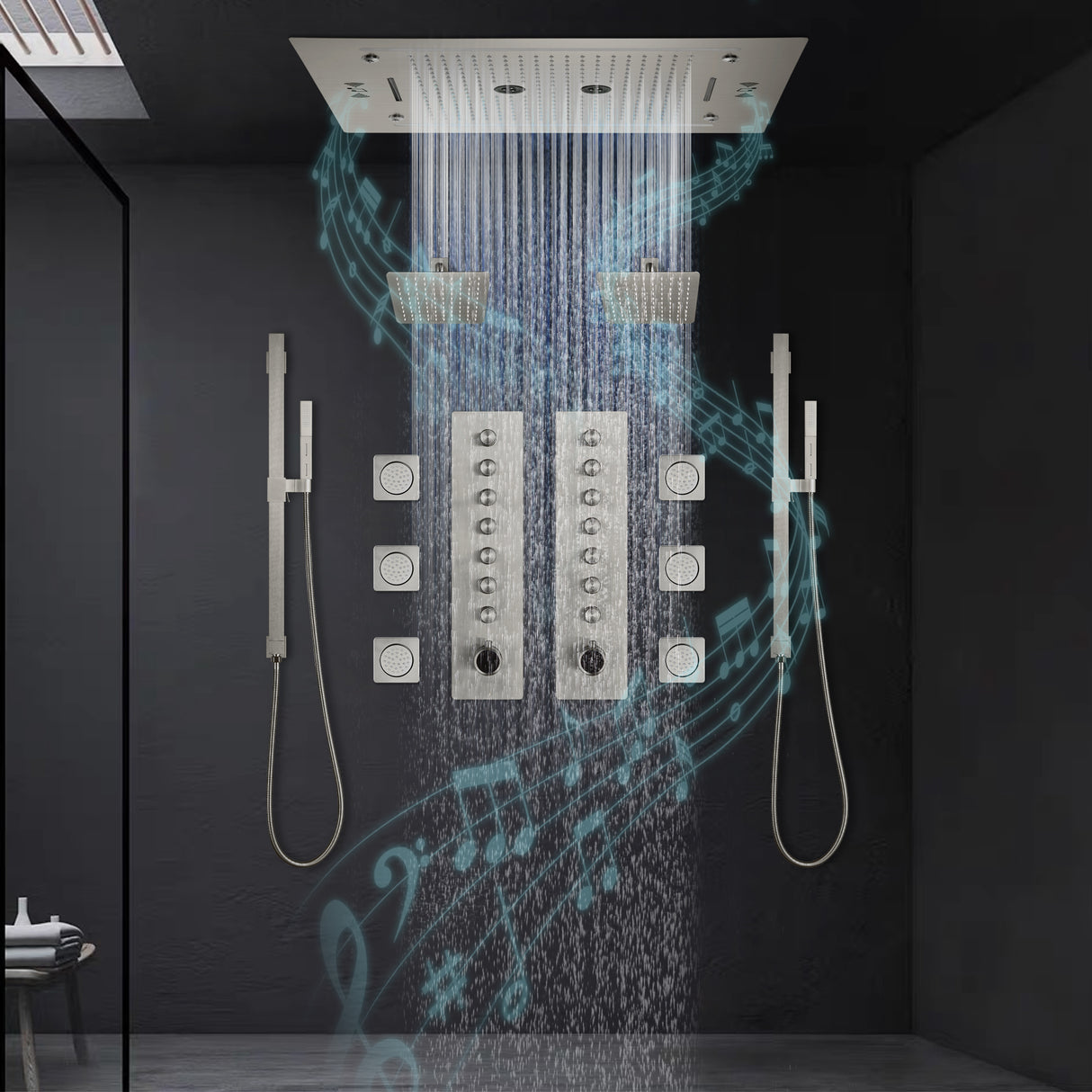 PALMA|32" COMPLETE LUXURY LED MUSIC SHOWER SYSTEM RAINFALL WATERFALL MIST SPRAY DUAL SHOWERHEAD AND BODY JETS