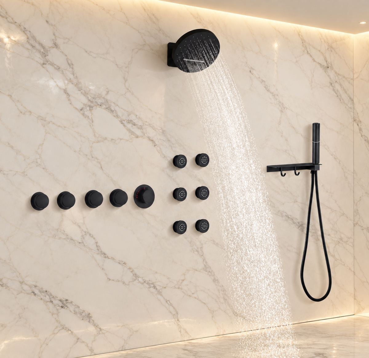 SOLARA| RAINFALL WATERFALL COMPLETE THERMOSTATIC SHOWER SYSTEM WITH 6 BODY JETS