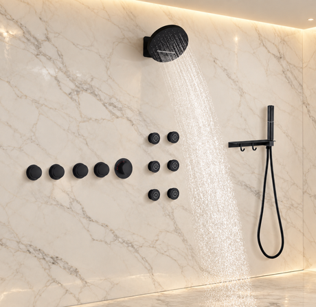 SOLARA| RAINFALL WATERFALL COMPLETE THERMOSTATIC SHOWER SYSTEM WITH 6 BODY JETS