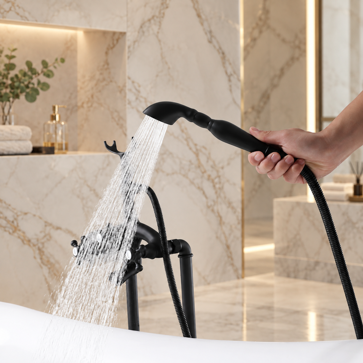 ROSA handheld shower rinsing white bathtub beside black floor mounted faucet
