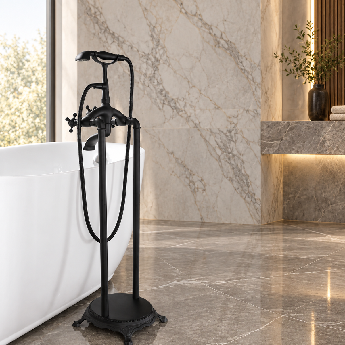 ROSA floor mounted black bathtub faucet with hand shower beside freestanding tub