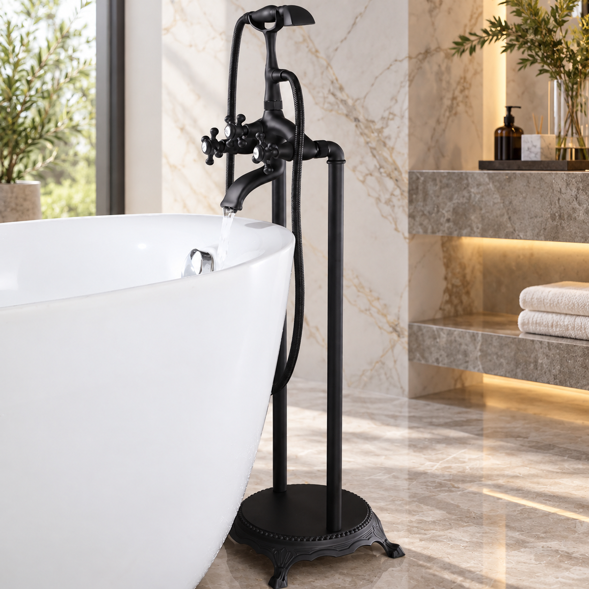 ROSA matte black freestanding tub filler beside white bathtub in marble bathroom