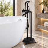 Side view of ROSA matte black tub filler with hose and ornate floor mount