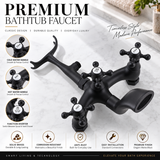 ROSA matte black tub faucet detail showing hot and cold handles and diverter