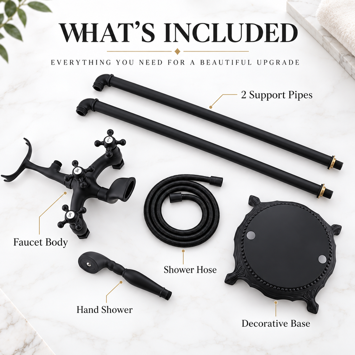 ROSA tub filler components including hand shower, hose, support pipes, and base