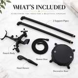 ROSA tub filler components including hand shower, hose, support pipes, and base