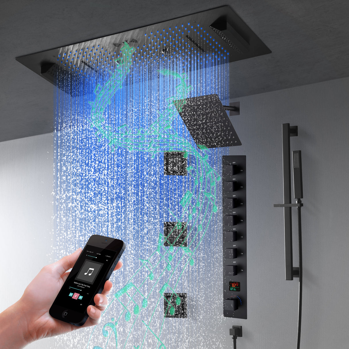 SAFARI|36"X 16" COMPLETE LUXURY LED MUSIC SHOWER SYSTEM DIGITAL DISPLAY THERMOSTATIC VALVE