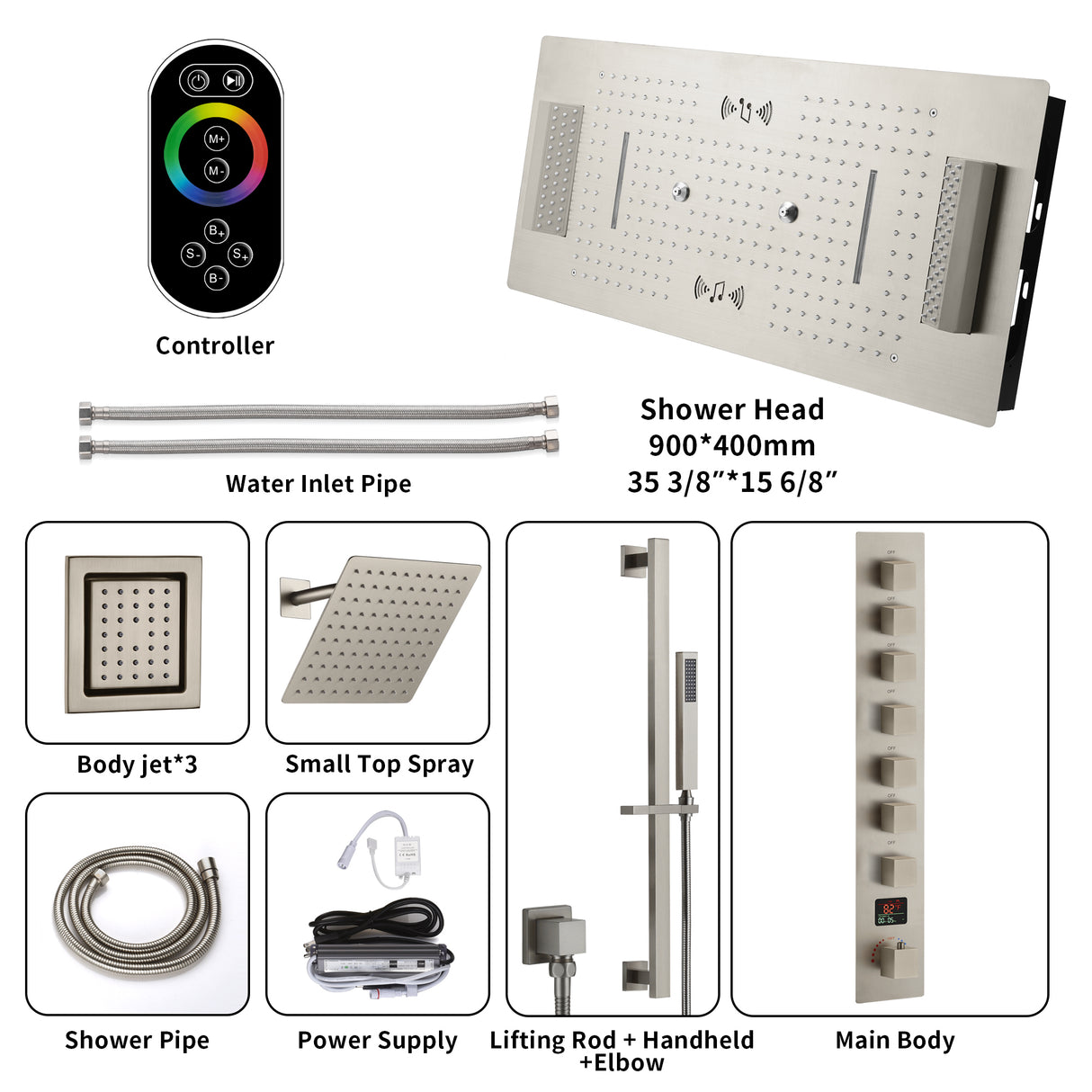 SAFARI|36"X 16" COMPLETE LUXURY LED MUSIC SHOWER SYSTEM DIGITAL DISPLAY THERMOSTATIC VALVE