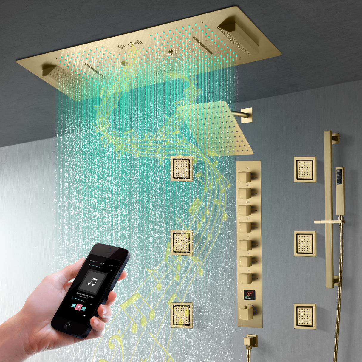 SAFARI|36"X 16" COMPLETE LUXURY LED MUSIC SHOWER SYSTEM DIGITAL DISPLAY THERMOSTATIC VALVE