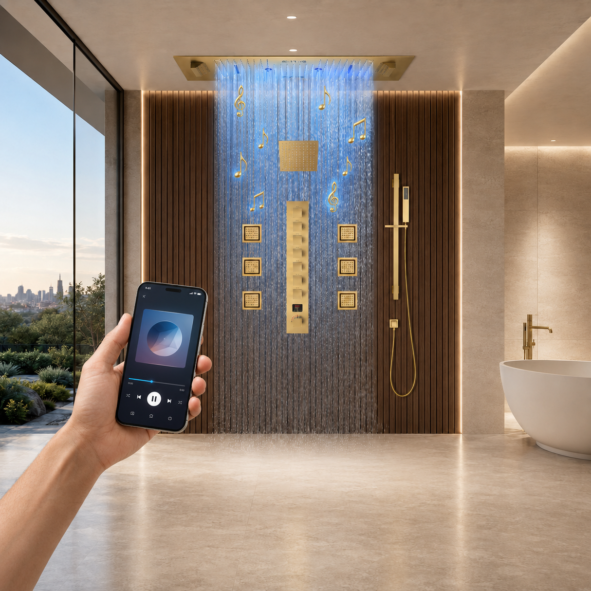 SAFARI|36"X 16" COMPLETE LUXURY LED MUSIC SHOWER SYSTEM DIGITAL DISPLAY THERMOSTATIC VALVE