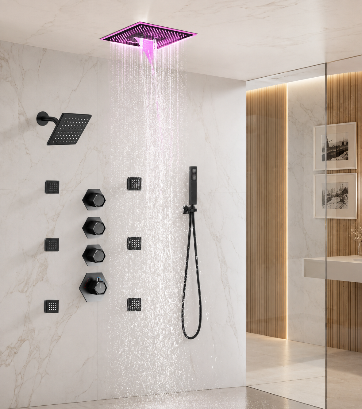 SAHARA|16" COMPLETE LED MUSIC SHOWER SYSTEM BODY JETS WALL MOUNT SHOWERHEAD