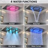 TULUM shower head functions showing rainfall, waterfall, mist and water curtain