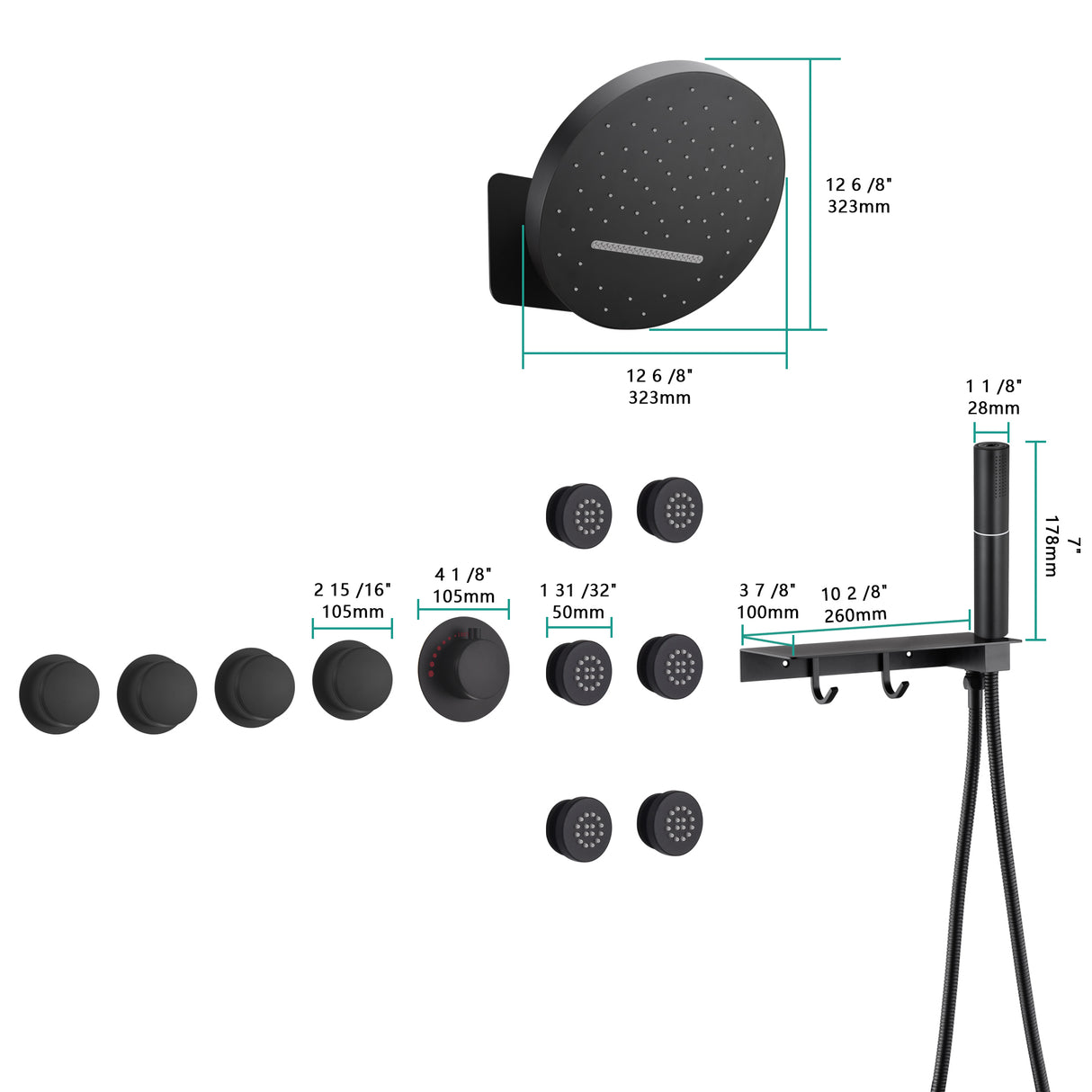 SOLARA| RAINFALL WATERFALL COMPLETE THERMOSTATIC SHOWER SYSTEM WITH 6 BODY JETS