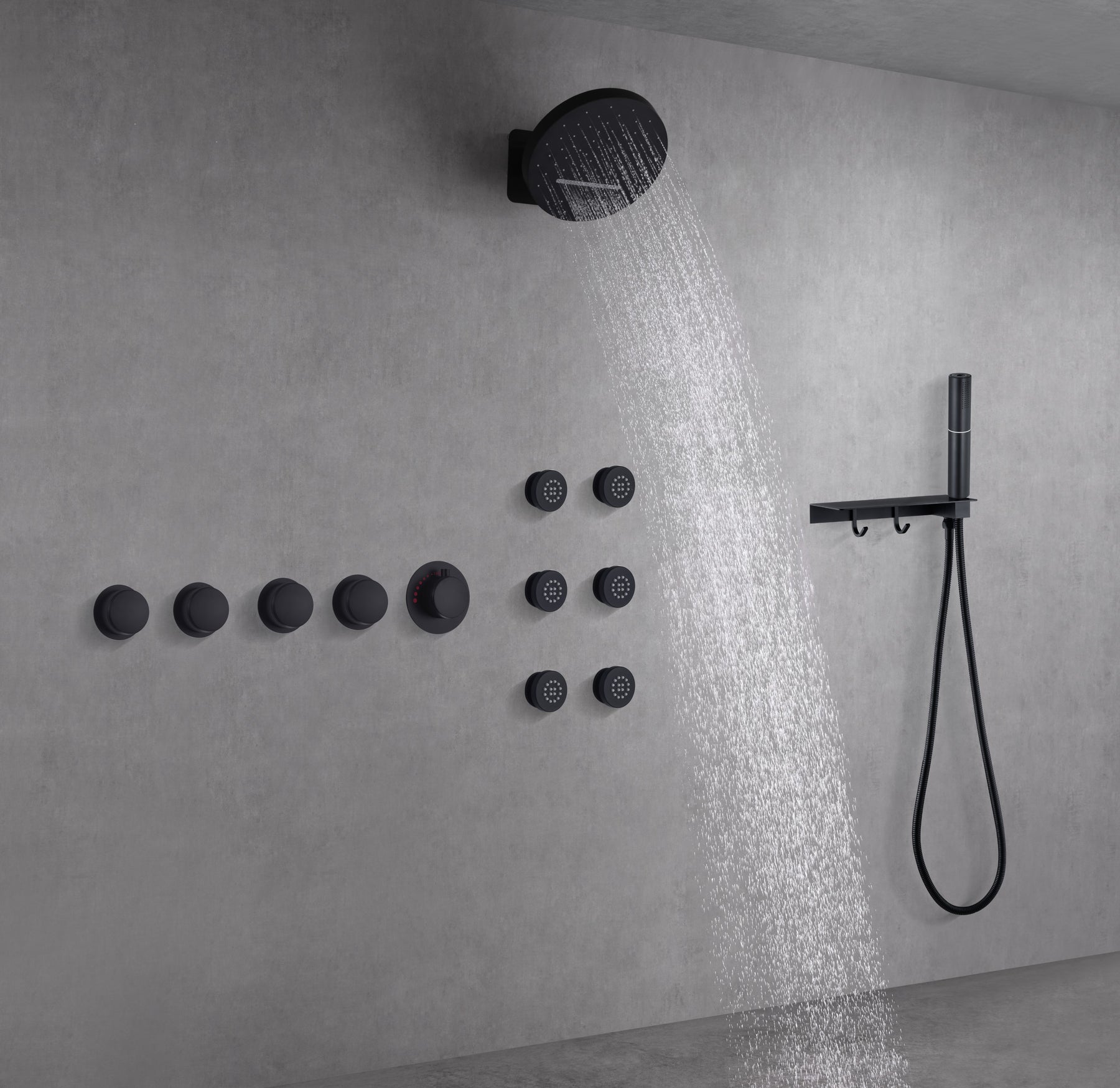 SOLARA| RAINFALL WATERFALL COMPLETE THERMOSTATIC SHOWER SYSTEM WITH 6 BODY JETS