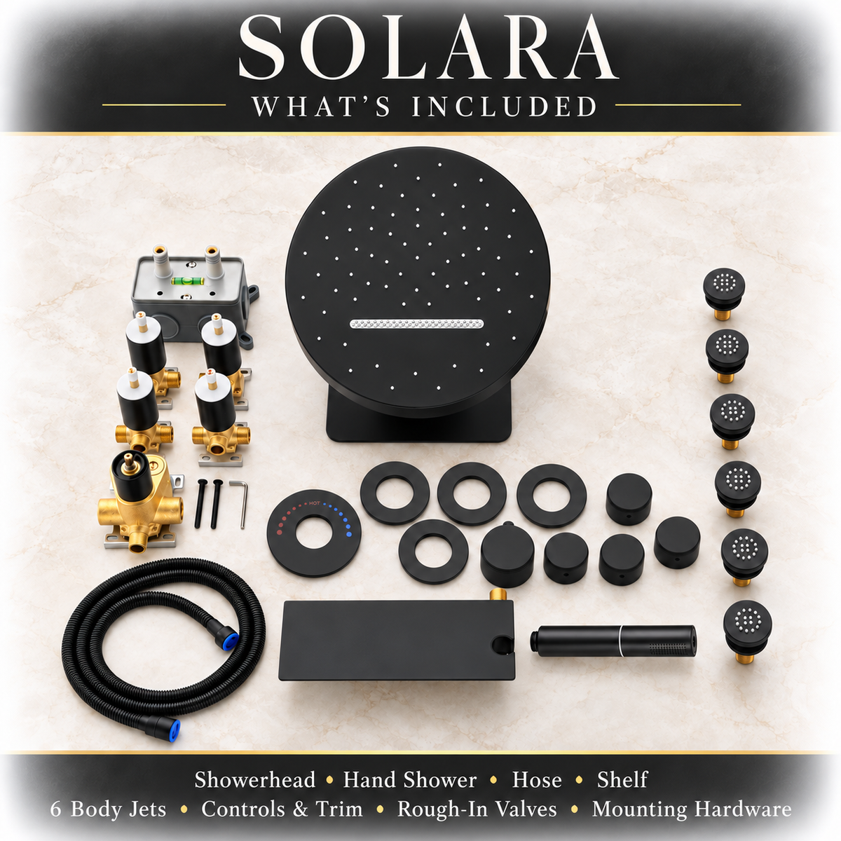 SOLARA| RAINFALL WATERFALL COMPLETE THERMOSTATIC SHOWER SYSTEM WITH 6 BODY JETS