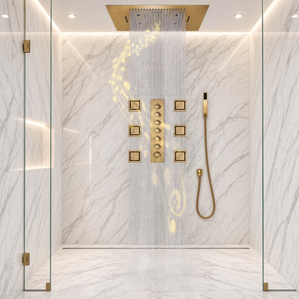 TULUM brushed gold luxury shower system with ceiling shower head and body jets