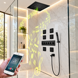 TULUM matte black ceiling shower system with thermostatic controls and body jets